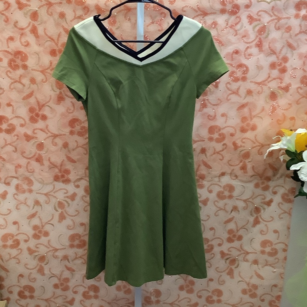 Elegant Olive Midi Dress with Unique Neckline